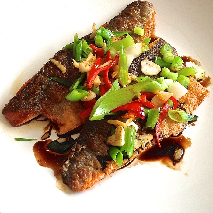 Sea Bass with Sizzled Ginger, Chilli and Spring Onions