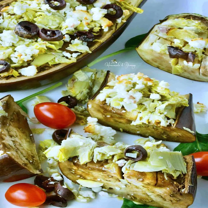 Roast Aubergine with Goat Cheese and Toasted Flatbread