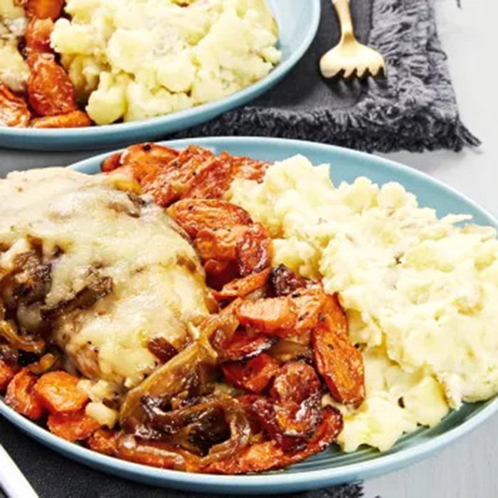 French Onion Chicken with Roasted Carrots and Mashed Potatoes